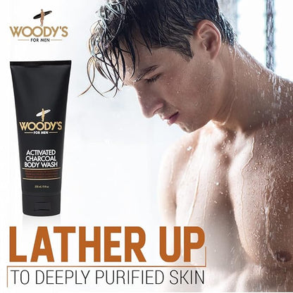 Woody's Activated Charcoal Body Wash for Men - Deep Cleansing, Exfoliating Face & Body Wash, Hydrating Formula with Walnut Extracts, Fresh Scent, 8 oz