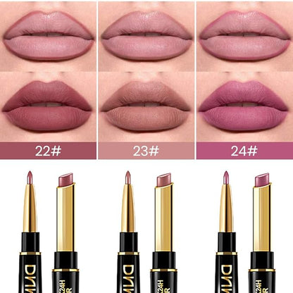BINGBRUSH 3Pcs Double Ended Light Mauve Red Nude Beige Matte Lip Liner and Lipstick Makeup Combo Set for Women,Plum Rose Lipliner 24 Hours Original Waterproof Long Lasting Lip Stains Pencil Kit Set