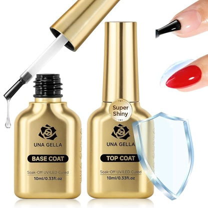 UNA GELLA No Wipe 2PCS Gel Top Coat Base Coat Set, Highly Glossy Top Coat Gel Nail Polish Strengthen and Acid-Free Clear Nail Base Soak Off, Key to Manicure for Her (U V Cure Need)