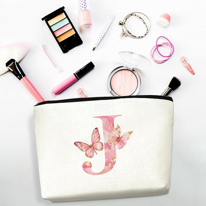 Initial Makeup Bag Pink Butterfly J Personalized Cosmetic Bag Monogrammed Gifts for Women Girls Bride Friends Monogram Zipper Pouch for Friendship Mothers Day Birthday Wedding Bridal Shower Gifts