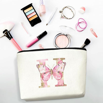Initial Makeup Bag Pink Butterfly H Personalized Cosmetic Bag Monogrammed Gifts for Women Girls Bride Mom Monogram Zipper Pouch for Friendship Mothers Day Birthday Wedding Bridal Shower Gifts