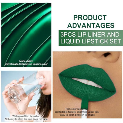3Pcs 2 in 1 Green Matte Shimmer Lip Liner and Liquid Lipstick Stain Makeup Set for women, Long Lasting Smudge Proof Lip Tint Matte Finish Lip Gloss for All-Day Color Hold Easy to Use, Set25