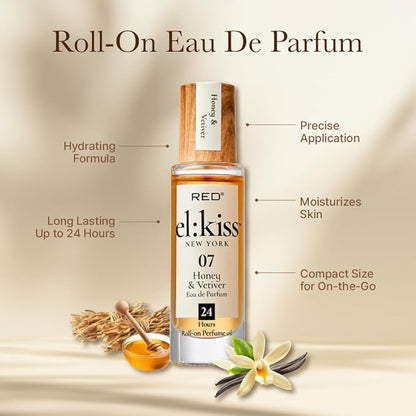 EL:KISS Roll On Perfume, Honey & Vetiver Eau de Parfum 12mL (.40 Fl Oz), Hydrating & Long-Lasting, Alcohol-Free & Mineral Oil-Free, Infused with Jojoba, Argan & Coconut Oil