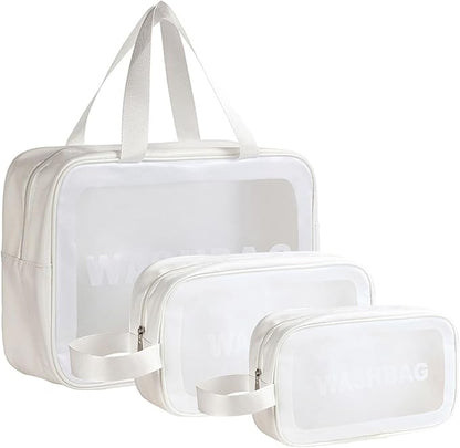 Clear Travel Bags for Toiletries,3 Pack Toiletry Bag,Matte Translucent Toiletry Bag,Makeup Bag With Handy Handle,Travel Pouch,Makeup Cosmetic Organizer for Travel Essentials(White)