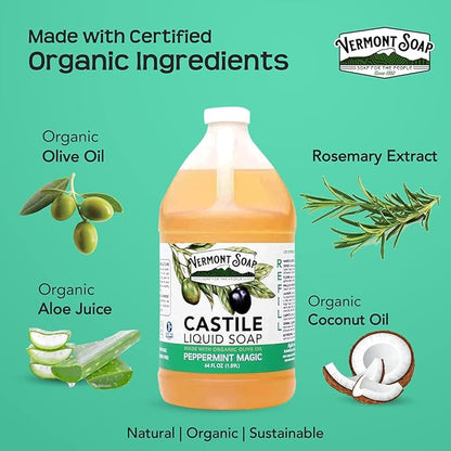 Vermont Castile Soap Peppermint, Gentle Liquid Soap for Sensitive Skin & Natural Body Wash, Organic Hair Shampoo for Oily Hair, Aloe Castile Soap for Men & Women - 64 Oz