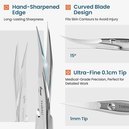 THRAU Right-Handed Cuticle Scissors – Surgical Grade Stainless Steel with Sharp Curved Tip for Cuticles, Nails, Eyebrows, Eyelashes, Nose Hair & Beard – Ideal for Manicure & Precise Grooming