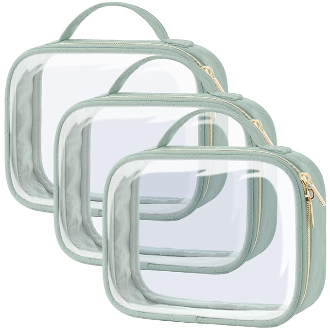 PACKISM TSA Approved Toiletry Bag - Clamshell Closing Clear Makeup Bags with Handle, Laurel Green, Quart-sized Clear Travel Bags for Toiletries, Carry-on Travel Essentials