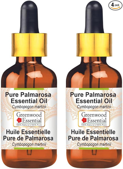 Greenwood Essential Pure Palmarosa Essential Oil (Cymbopogon martinii) with Glass Dropper Steam Distilled (Pack of Two) 100ml X 2 (6.76 oz)