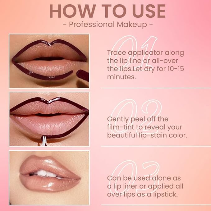 2Pcs Matte Liquid Lip Gloss Stain-Peel Off Lip Liner Tattoo, Long Lasting Peel Off Lip Stain,Waterproof & Transfer-Proof Lip Liner Peel Off Lip Gloss for All Skin Types (#02+#03)