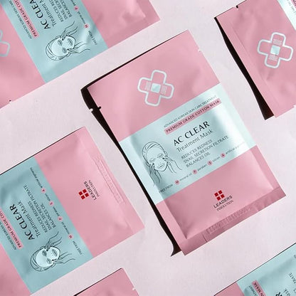 Leaders Insolution AC Clear Skin Clinic Mask | Snail Secretion & Tea Tree Oil for Acne, Redness, Oil Control | 100% Cotton Bemliese Sheet | Balances & Soothes Sensitive Skin (10 Sheets)