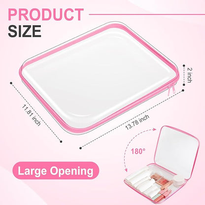 Hoolerry 3 Pcs Clear Hard Zipper Case Plastic Pouch Transparent Hard Case Clear Makeup Bag Portable Travel Organizer Bin for Cosmetics, Building Blocks, Puzzles(Pink,L)