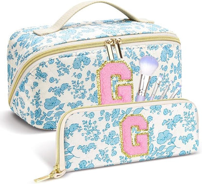 Personalized Travel Makeup Bag Set,Initial Travel Cute Floral Makeup Organizer Bag,Toiletry Skincare Cosmetic Bag,Christmas Gifts for Women/Girls,Open Flat Toiletry Pouch with Brush Pocket-G