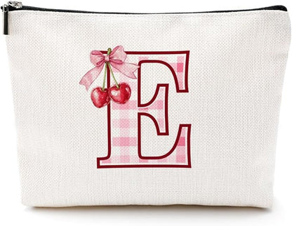 Initial Makeup Bag Monogram Cosmetic Bag Monogrammed Gifts for Women Girls Friends Coworker Niece Personalized Travel Toiletry Bag Christmas Bridal Shower Wedding Bridesmaid Gifts, Cherry E