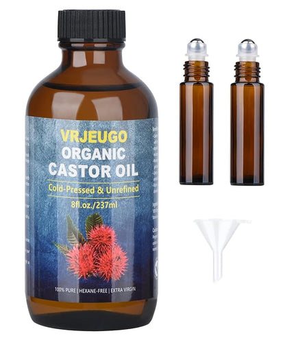 Organic Castor Oil for Face Roll On，Rollerball Deep Hydration for Skin Care and Hair, Castor Oil Organic Cold Pressed Unrefined Glass Bottle 8oz with 2 Roller