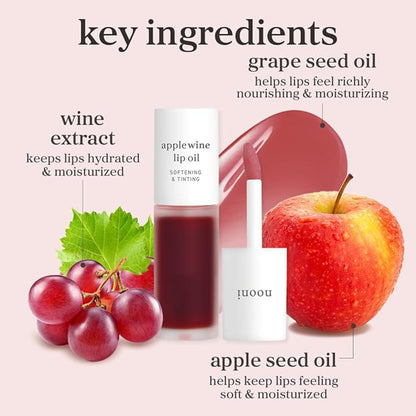 NOONI Korean Lip Oil - Applewine | Long-Lasting, Moisturizing, Plumping, Revitalizing for Dry Lips, Waterproof, No Peel Off, Hydrating, Stocking Stuffers, Gifts For Women, 0.12 FL Oz