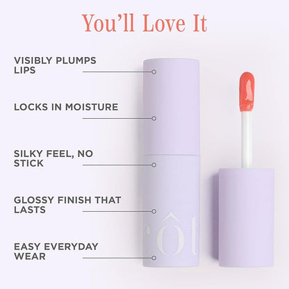 Cote Beauty's Peptide Lip Shine in Branson, Ultra Hydrating & Long-Lasting Coral Plumping Lip Gloss for Women with Hyaluronic Acid, Shea Butter & Jojoba Oil, Vegan & Cruelty-Free, 0.12 Fl Oz