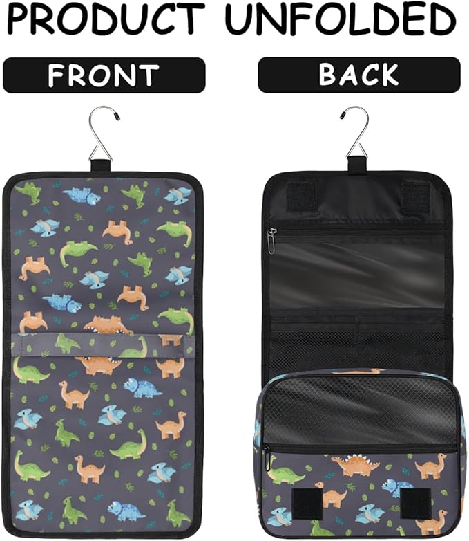 Cute Dinosaur Hanging Travel Toiletry Kit Bag with Hook for Men and Boys, Cartoon Dino Makeup Case Waterproof Cosmetic Bag Storage Bag Organizer for Accessories Toiletries