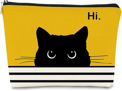 Cat Makeup Bag - Small Cute Cosmetic Bag for Women & Teen Girls - Birthday & Cat Lady Gifts (Black, Yellow)