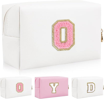 Personalized Initial Letter Patch Makeup Bag, Preppy Portable Chenille Letter Cosmetic Bag with Zipper, PU Leather Waterproof Travel Toiletry Bag Monogram Make Up Pouch for Women Girls(Letter O)