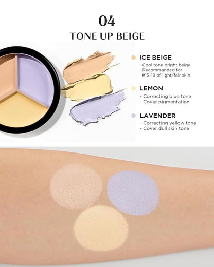 THESAEM Cover Perfection Triple Pot Concealer 04 Tone Up Beige - for Fair to Light Skin Tone - 3 Color Full Coverage Concealer - Covers Pigmentation and Blemish Spots, Corrects Skin Tone
