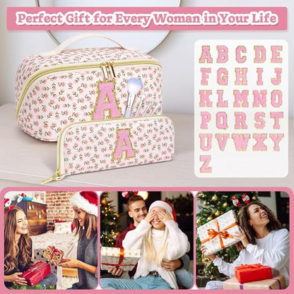 Personalized Travel Makeup Bag Set,Initial Travel Cute Floral Makeup Organizer Bag,Toiletry Skincare Cosmetic Bag,Christmas Gifts for Women/Girls,Open Flat Toiletry Pouch with Brush Pocket-J