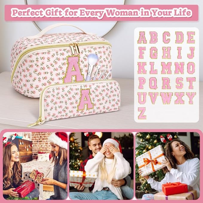 Personalized Travel Makeup Bag Set,Initial Travel Cute Floral Makeup Organizer Bag,Toiletry Skincare Cosmetic Bag,Christmas Gifts for Women/Girls,Open Flat Toiletry Pouch with Brush Pocket-E