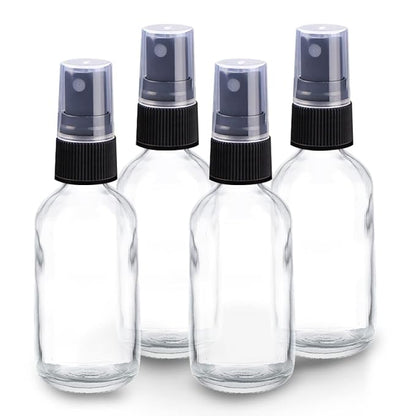 Wedama 4 oz Mini Glass Spray Bottles, Empty Small Spray Bottles with Funnel Dropper, Fine Mist for Hair, Travel, Plants, Cleaning Solutions and Skin Care (4 Pack Clear)