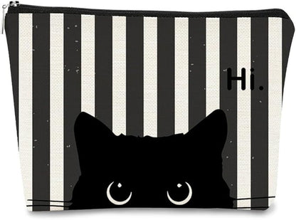 Striped Cat Makeup Bag - Small Cute Cosmetic Bag for Women & Teen Girls - Black Cat Purse Gift for Cat Lovers & Owners