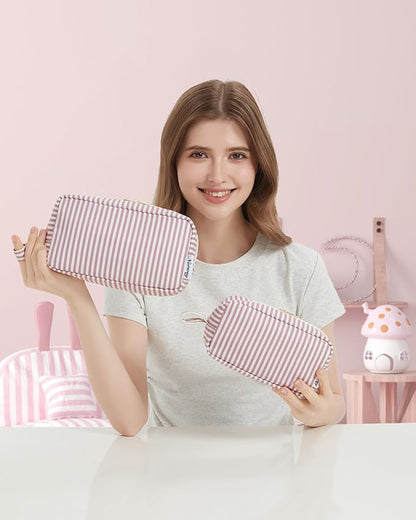 Narwey Cute Makeup Bag Small Toiletry Bag Travel Cosmetic Bag Organizer Make Up Bags with Organized Pockets for Women (Dusty Rose Stripe, Large)