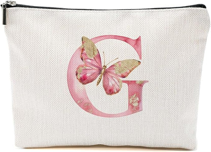 Initial Makeup Bag Pink Butterfly G Personalized Cosmetic Bag Monogrammed Gifts for Women Girls Bride Grandma Monogram Zipper Pouch for Friendship Mothers Day Birthday Wedding Bridal Shower Gifts