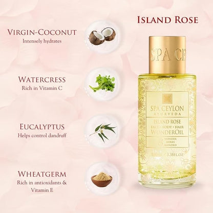 SPA CEYLON Wonder Oil Island Rose, Luxurious Moisturizing Body Oil with Ayurvedic Herbs for Skin & Hair, Non-Greasy Organic Formula, Vegan & Paraben-Free, 100 ml
