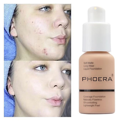2 Pack PHOERA Foundation,Flawless Soft Matte 24 HR Oil Control Concealer Makeup,Full Coverage Foundation for Women and Girls (102 Nude+104 Buff Beige)