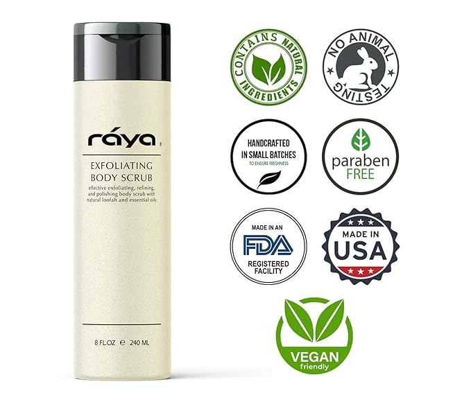 RAYA Exfoliating Body Scrub 8 oz (S-103) | Exfoliating, Refining, and Polishing Body Scrub | Made with Natural Loofah and Essential Oils | Relieves Ingrown Hairs