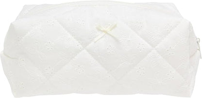 PAZIMIIK Cozy Makeup Bag Travel Cosmetic Bag for Women Soft Toiletry Bag Aesthetic Makeup Organizer Portable Large Zipper Pouch for Skincare Beauty Accessories Brushes Embroidery White