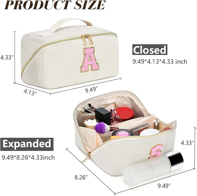 Personalized Initial Makeup Bag,Christmas Gifts for Girl,Preppy Bag Cosmetic Travel Bag Women,Travel Toiletry Organizer,Large Capacity Corduroy Stuff Bag,Cute Cosmetic Pouch Skincare Bag-L