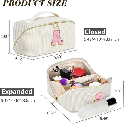 Personalized Initial Makeup Bag,Christmas Gifts for Girl,Preppy Bag Cosmetic Travel Bag Women,Travel Toiletry Organizer,Large Capacity Corduroy Stuff Bag,Cute Cosmetic Pouch Skincare Bag-A