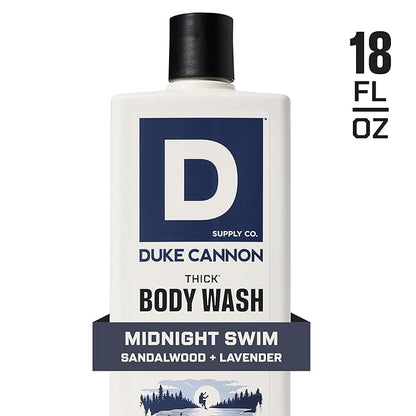 Duke Cannon Supply Co. Thick High Viscosity Body Wash - 3X Thicker, Cleansing Shower and Bath Gel, Mineral-Enriched Body Wash for Men - Sandalwood + Lavender - Mens Body Scrub - Midnight Swim (18 oz)