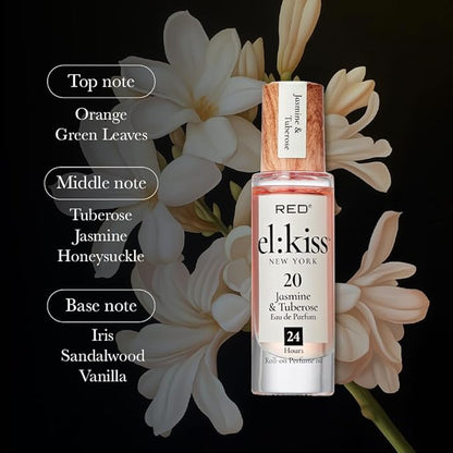 EL:KISS Roll On Perfume, Jasmine & Tuberose Inspired by Guc. Bloom, Eau de Parfum 12mL (.40 Fl Oz), Hydrating & Long-Lasting, Alcohol-Free & Mineral Oil-Free, Infused With Jojoba, Argan & Coconut Oil