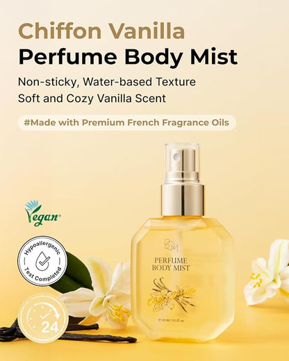 BOM Chiffon Vanilla Body Mist 3.71 Fl Oz, Vanilla Scented Fine Mist with Hyaluronic Acid, Niacinamide & Vitamin C, Hydrating, Lightweight, Long Lasting Fragrance, Korean Skincare