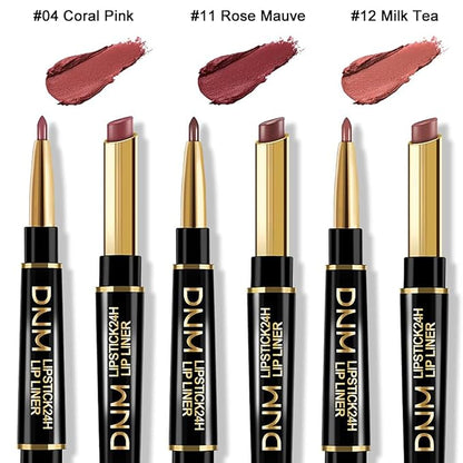 3Pcs Coral Pink, Milk Tea, Rose Mauve Lip Liner and Lipstick Set – Double-Ended 2-in-1 Lip Liner and Matte Lipstick Combo, 24-Hour Wear, Smudge-Proof, Non-Drying, Lightweight, lapiz de labios (Set A)