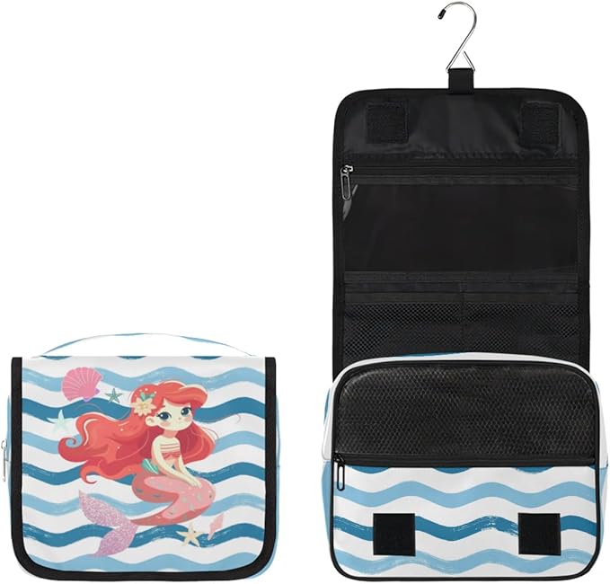 Cute Mermaid Travel Toiletry Bag with Hanging Hook for Women and Girls, Ocean Sea Starfish Cosmetic Makeup Case Organizer for Accessories, Shampoo, Full Sized Container, Toiletries