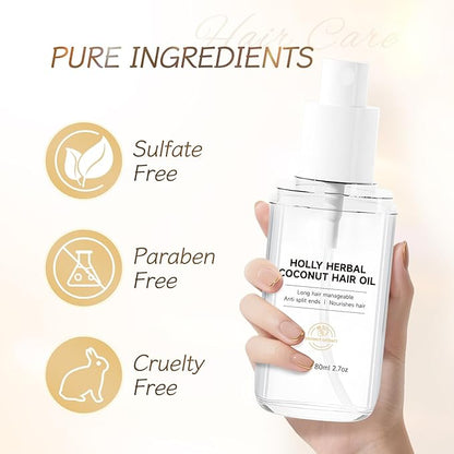 HOLLY HERBAL Coconut Oil Hair Mist - Weightless Leave-In Treatment with 6 Plant Extracts - Frizz-Free, Moisturizing & Shine, Paraben & Sulfate-Free (2.7 Fl Oz)