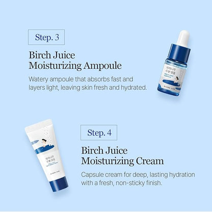 ROUND LAB Birch Juice Moisturizing Mini Kit, 4-Step Travel Size Skincare Set (Cleanser, Toner, Serum, Cream) | Korean Moisturizer, Hydrating Routine | for Acne-Prone, Sensitive Skin | Beauty Gift Set