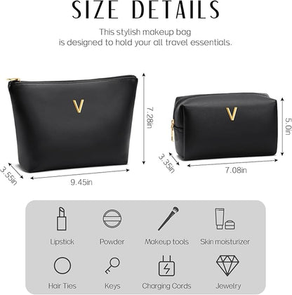Women Gifts | Initial Makeup Bag Set for Girl Personalized Gifts for Bridesmaid Friend Graduation Teachers PU Leather Cosmetic Travel Toiletry Bag(Black,V)