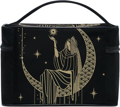 Makeup Train Case Sacral Night Girl On Moon Korean Carrying Portable Zip Travel Cosmetic Brush Bag Organizer Large for Girls Women