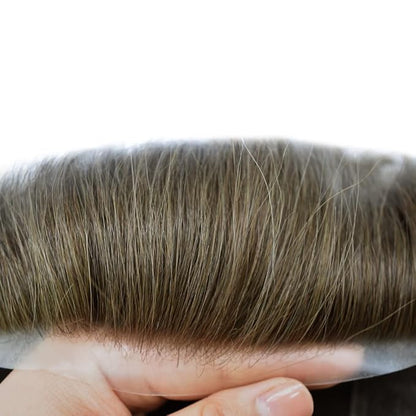 Toupee for Men French Lace Mens Toupee Human Hair Replacement Systems Lace Center with PU Around Hair Piece V-Looped Front Male Hair Prosthesis 7"X9" 4# MEDIUM BROWN