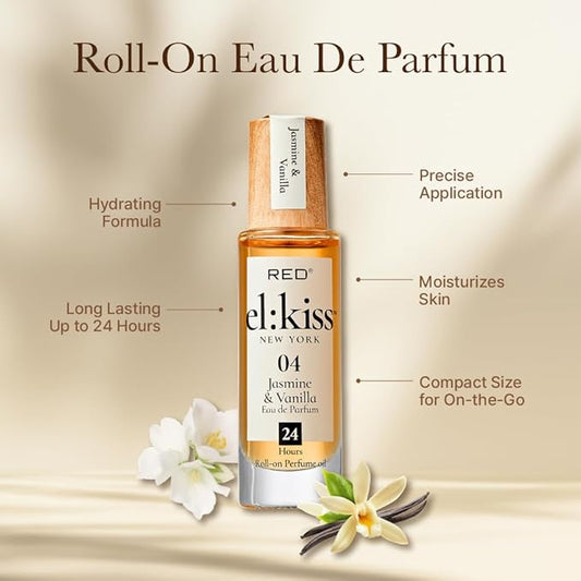 EL:KISS Roll On Perfume, Jasmine & Vanilla Inspired by SDJ 68, Eau de Parfum 12mL (.40 Fl Oz), Hydrating & Long-Lasting, Alcohol-Free & Mineral Oil-Free, With Jojoba, Argan & Coconut Oil