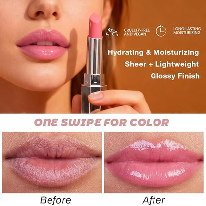 evpct Pink Honey Lipstick Tinted Lip Balm, Sheer Hydrating Shine Tinted Lipstick for Women, Moisturizing Lip Color, Nourishing Tinted Lip Balm Plumper Gloss Stain, Glossy Shiny Finish, 02 Pink