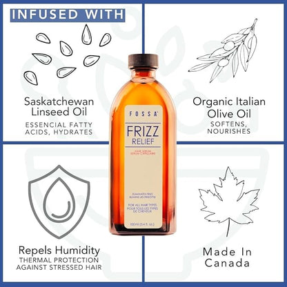 Fossa Beauty Frizz Relief | Lightweight Hair Oil for Frizzy Hair | Paraben & Sulfate Free | Provides Nourishment, Shine, Heat Protection & Increases Elasticity for All Hair Types | 100ml, 3.4 fl. oz.