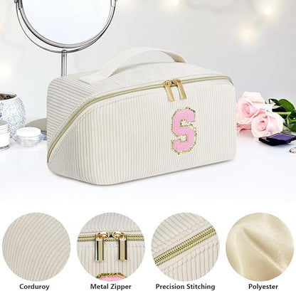 Personalized Initial Makeup Bag,Christmas Gifts for Girl,Preppy Bag Cosmetic Travel Bag Women,Travel Toiletry Organizer,Large Capacity Corduroy Stuff Bag,Cute Cosmetic Pouch Skincare Bag-T